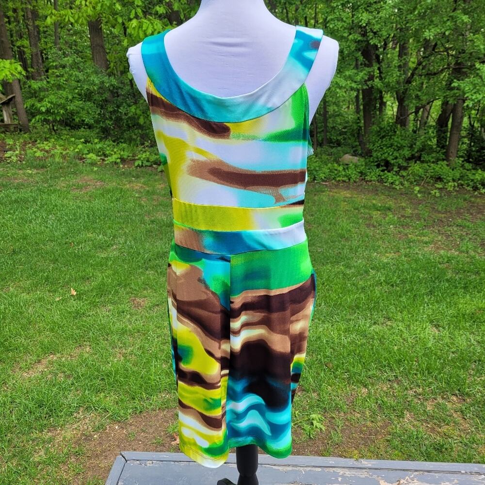 Bisou Bisou Blue & Green Watercolor Dress w/ Copper Embellished Neckline size 14 - Picture 3 of 12